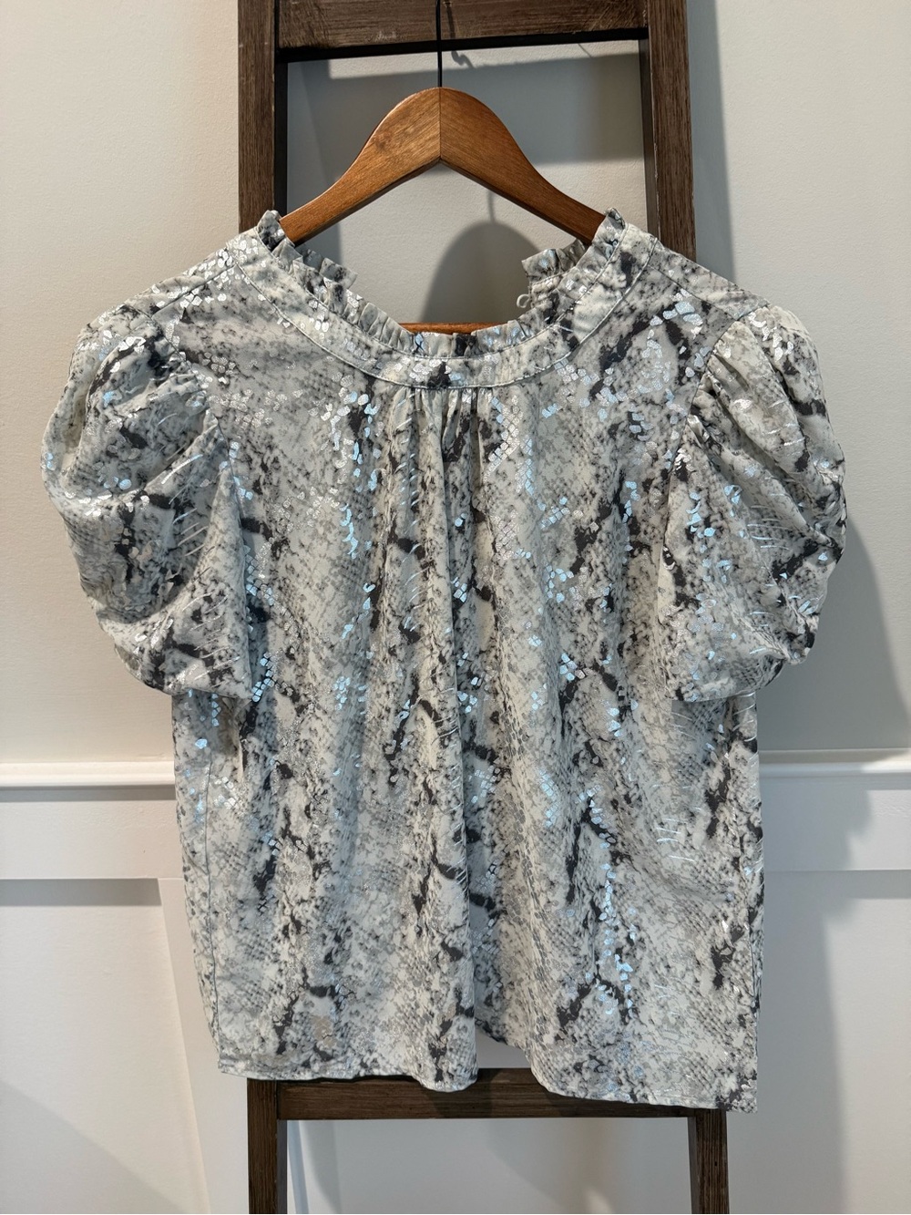 THML Metallic Gray Snake-Print Puff-Sleeve Blouse